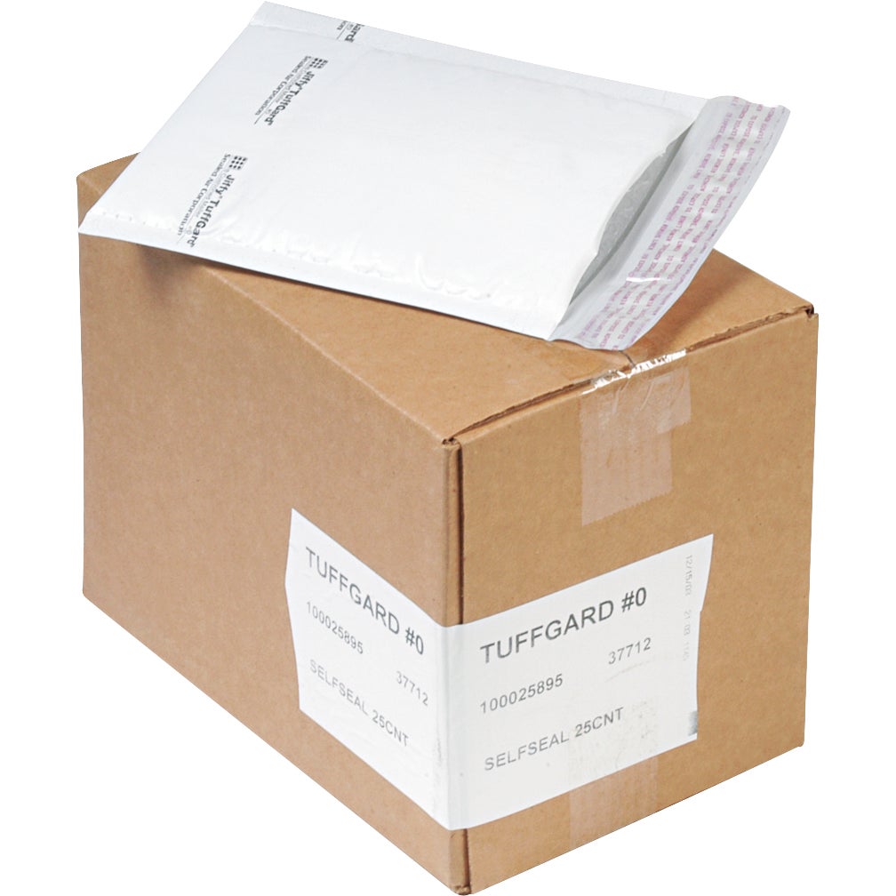 Jiffy TuffGard #0 Self-Seal Cushioned Mailer, 6" x 10", White, 25-Count
