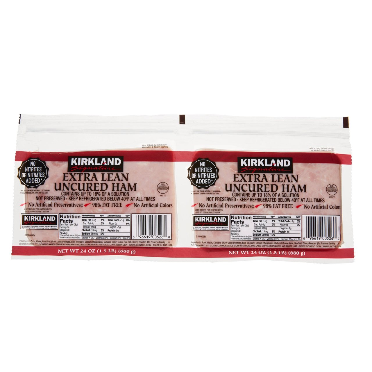 Kirkland Signature Extra Lean Uncured Ham, Sliced, 2 x 24 oz