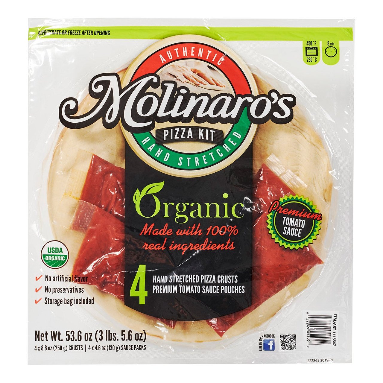 Organic Molinaro's Hand Stretched Pizza Crust with Sauce 4 Kits