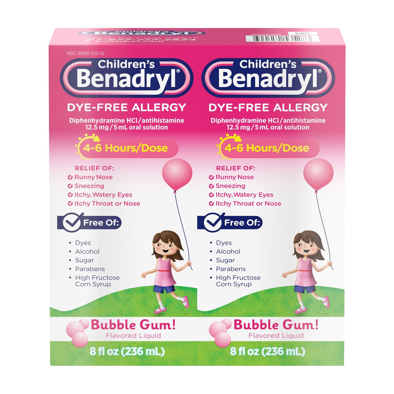 Children's Benadryl Allergy Liquid Dye-Free 2x8 Ounce - Image 1