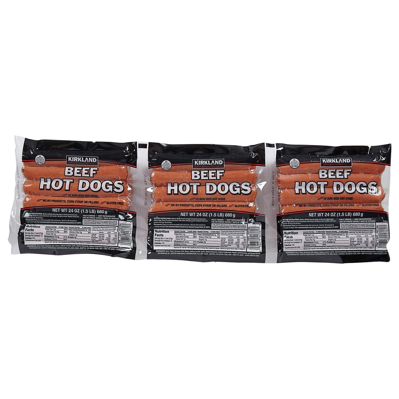 Kirkland Signature Beef Hot Dogs, 3/1.5 Pound Packages - Image 1