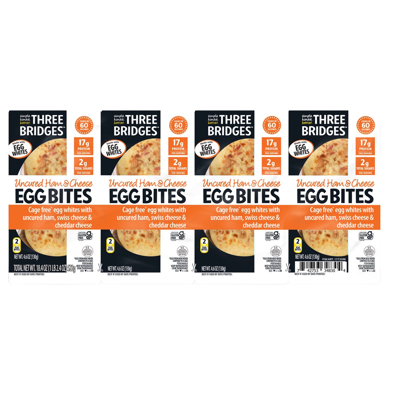 Three Bridges Egg White Bites Uncured Ham & Cheese 4-Pack (18.4 oz)