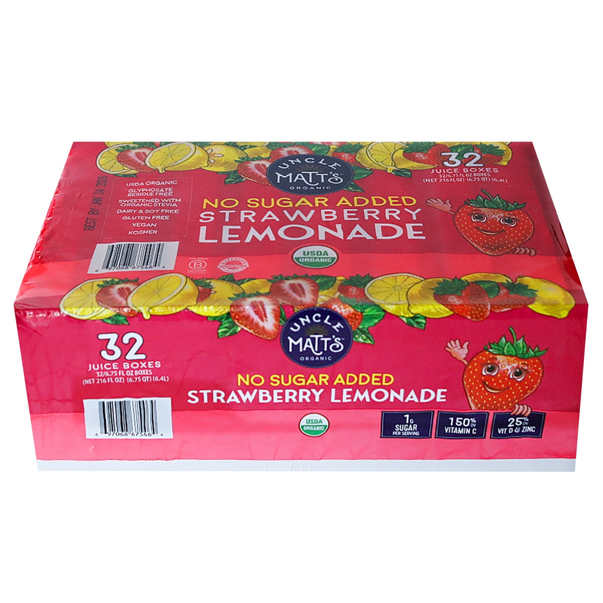 Uncle Matt's Organic No Sugar Added Strawberry Lemonade Juice Boxes, 6.75 fl oz, 32-Count - Image 1