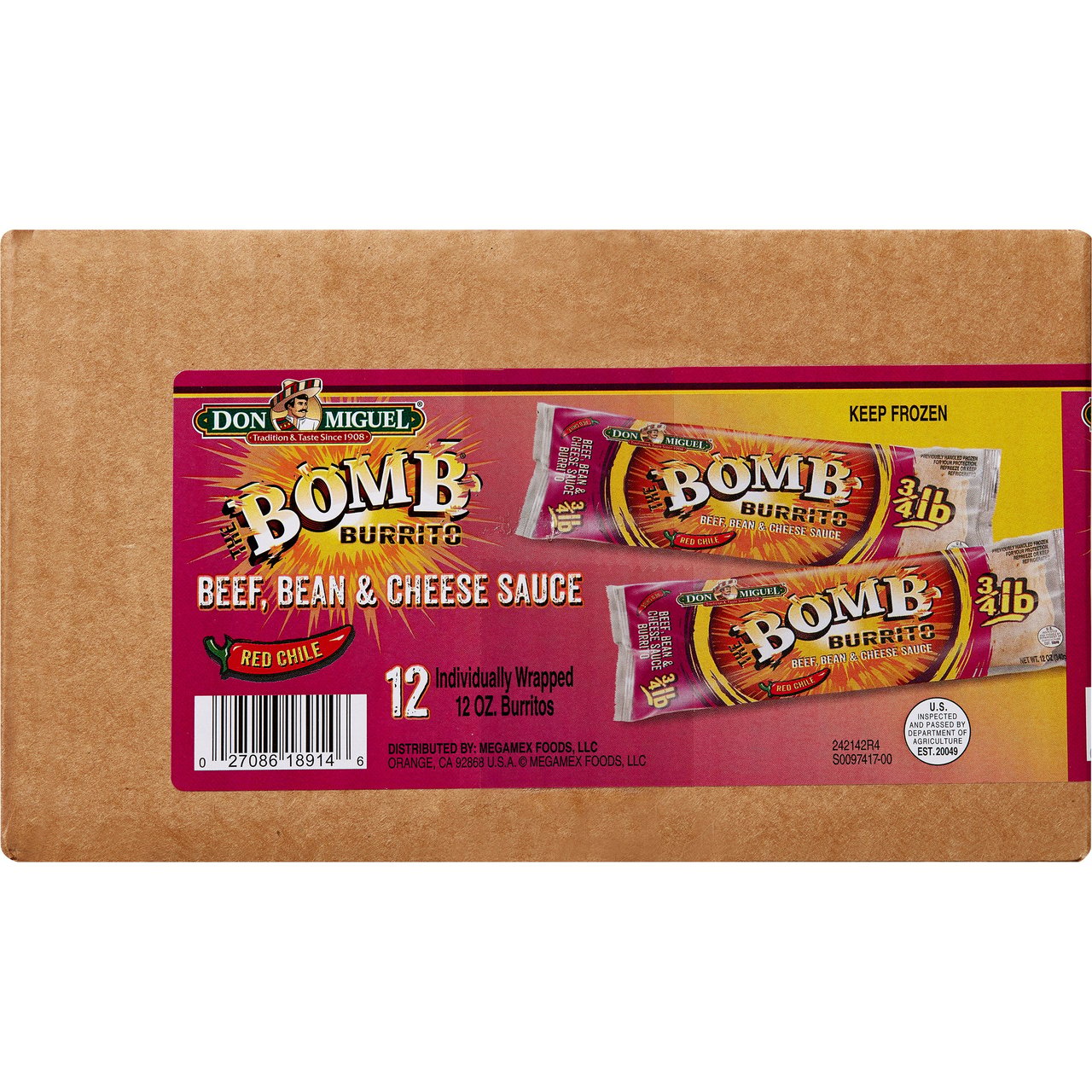 Don Miguel The Bomb Burritos, Beef, Bean & Cheese Sauce, 12 Count, 12 oz Each - Image 1