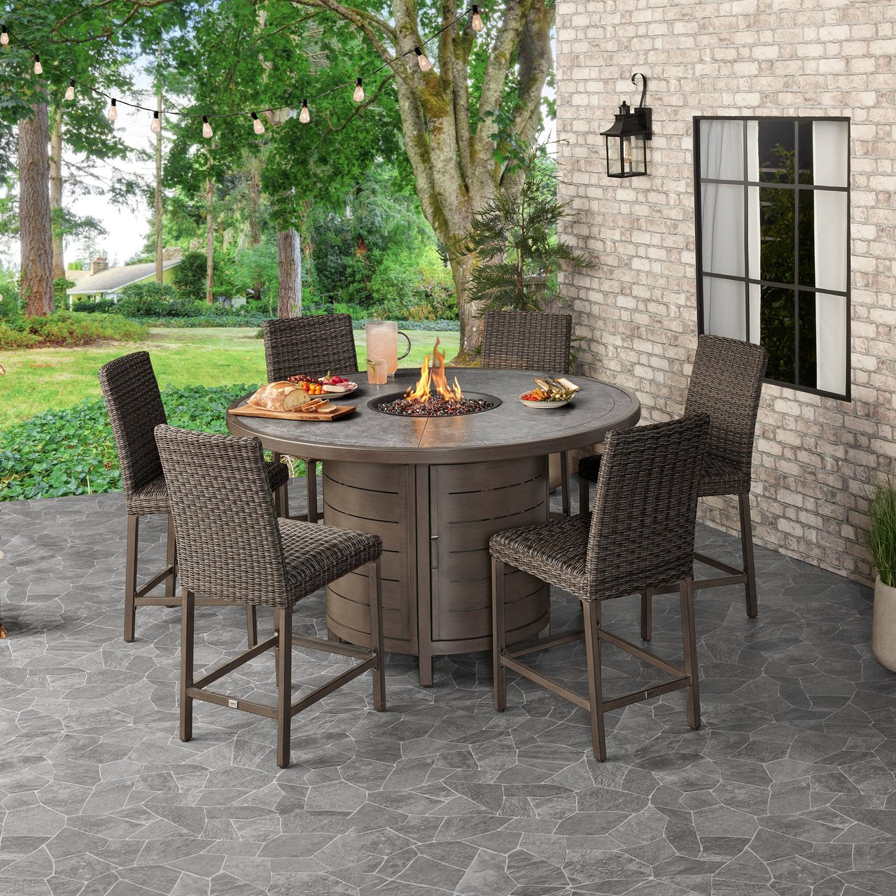Agio McKinnon 7-Piece High Dining Set with Fire Table - Image 1