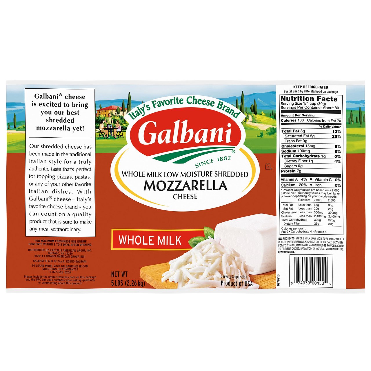 Galbani Whole Milk Low Moisture Shredded Mozzarella Cheese, 5 lbs