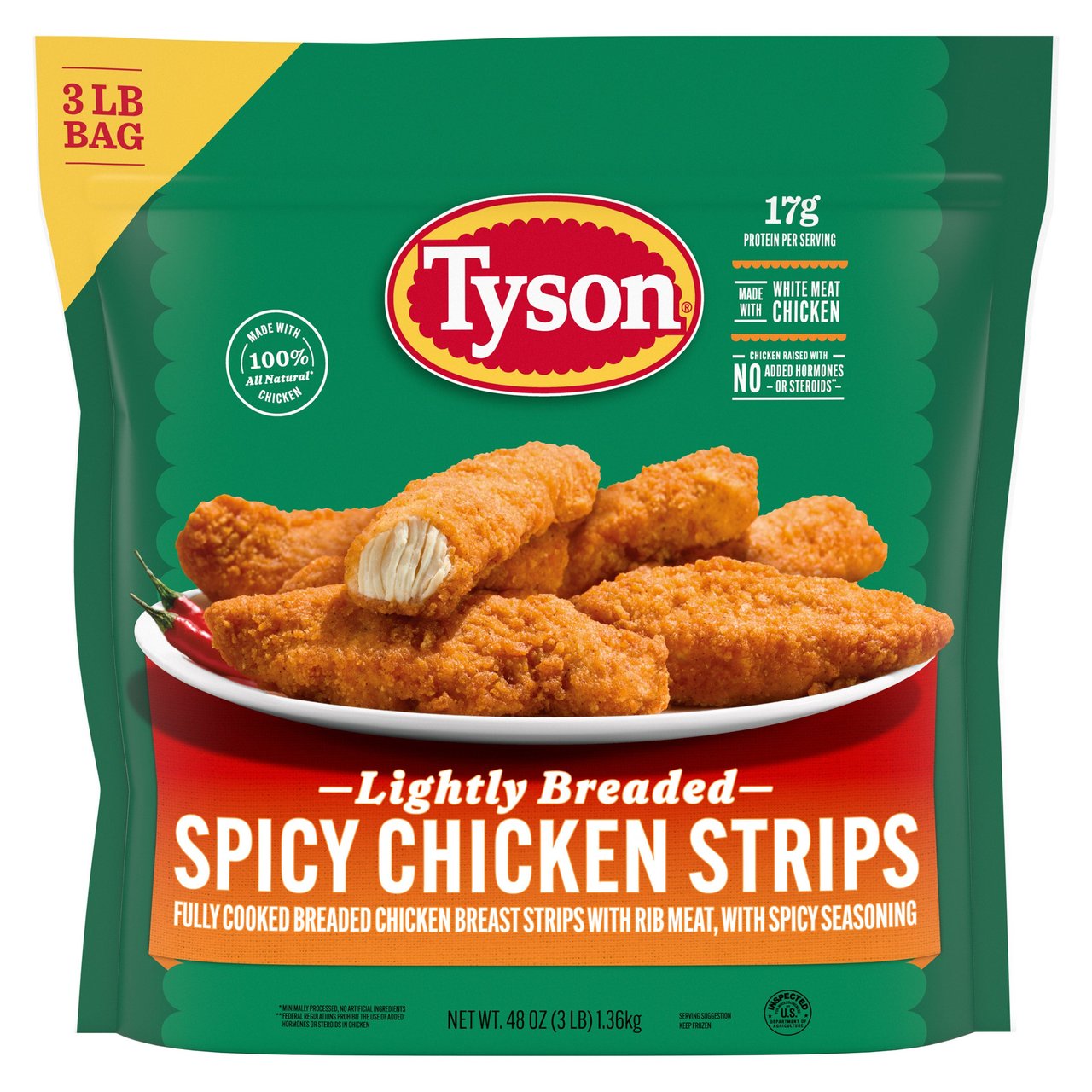 Tyson Lightly Breaded Spicy Chicken Strips 3 Pound Bag - Image 1