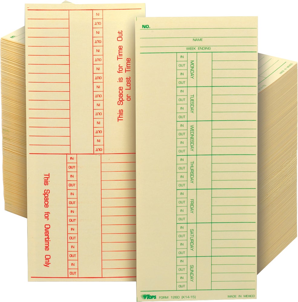 TOPS Time Card for Cincinnati Time Clocks, Weekly, 2-Sided, 3-3/8" x 8-1/4", 500-Count