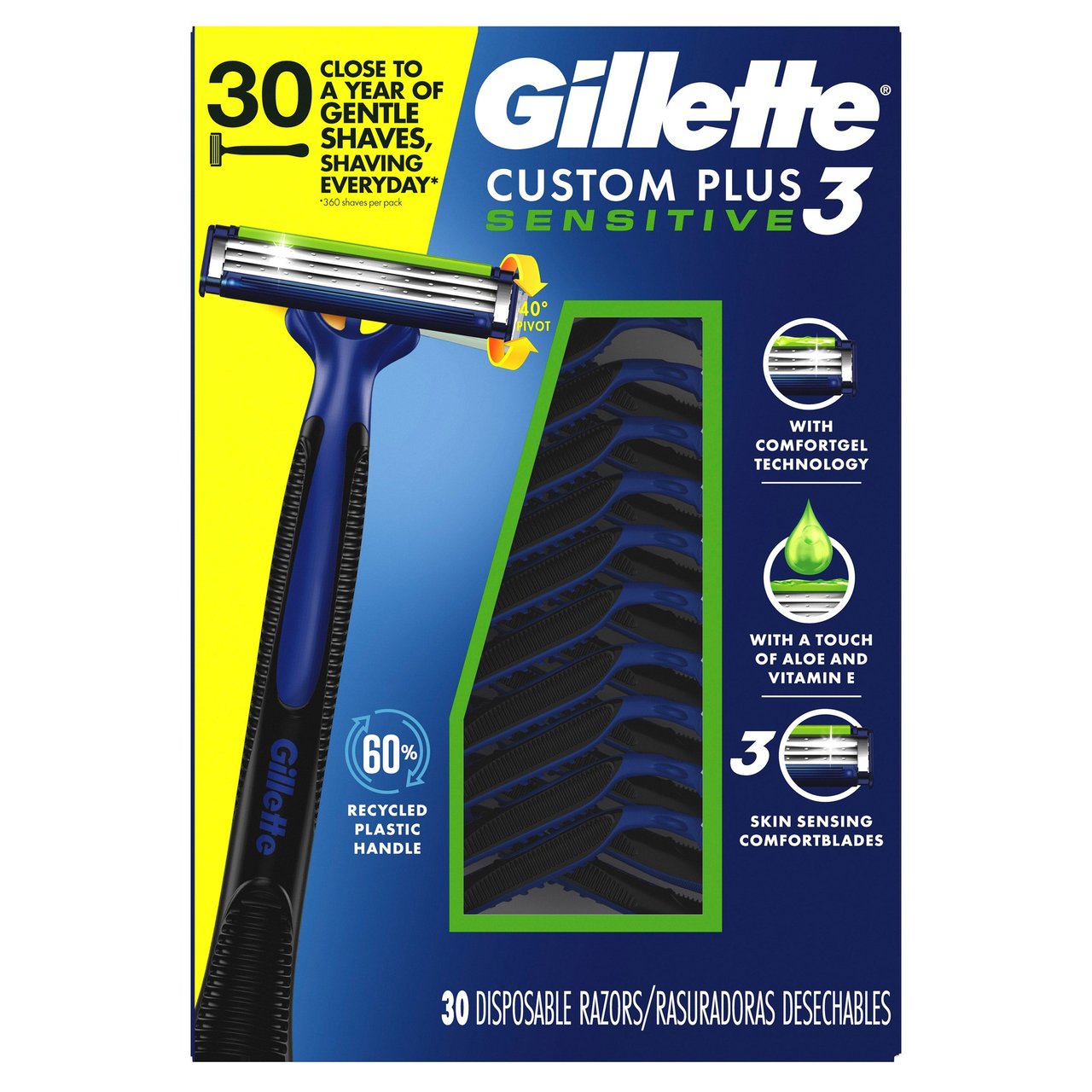 Gillette Custom Plus 3 Sensitive Disposable Razors, 30-Count - Image 1