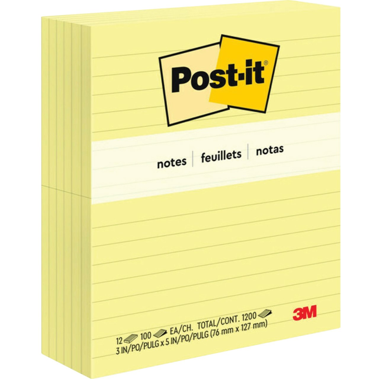 Post-it Canary Yellow Ruled Notes, 3" x 5", 12-Pack (100 Sheets/Pad) - Image 1