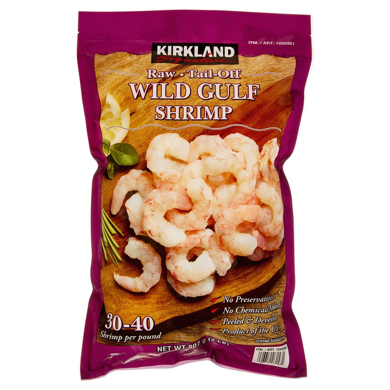 Kirkland Signature 30/40 Count Wild Raw Gulf Shrimp, Tail-Off, 2 lbs - Image 1