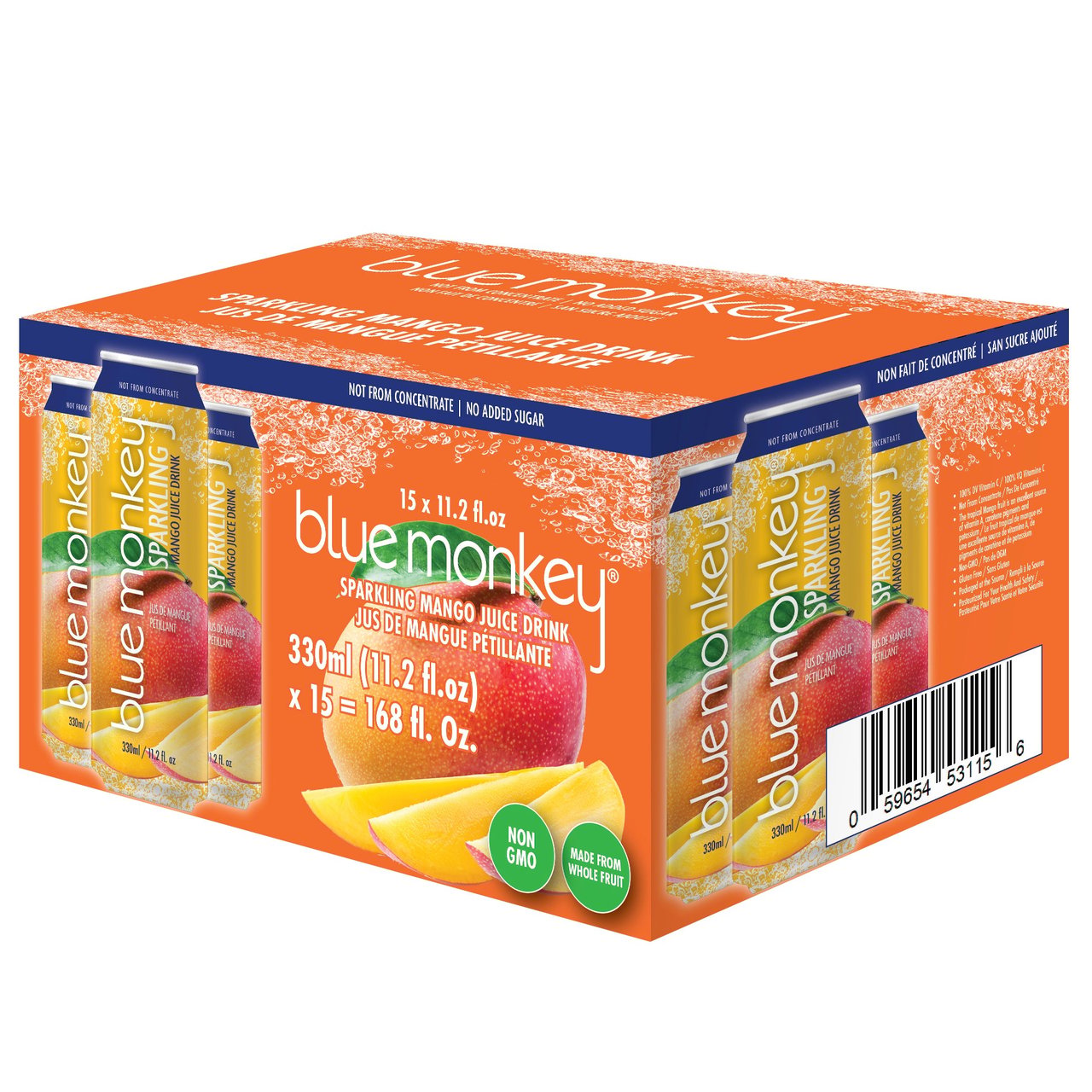 Blue Monkey Sparkling Mango Juice Drink, 11.2 fl oz, 15-Count - Image 1