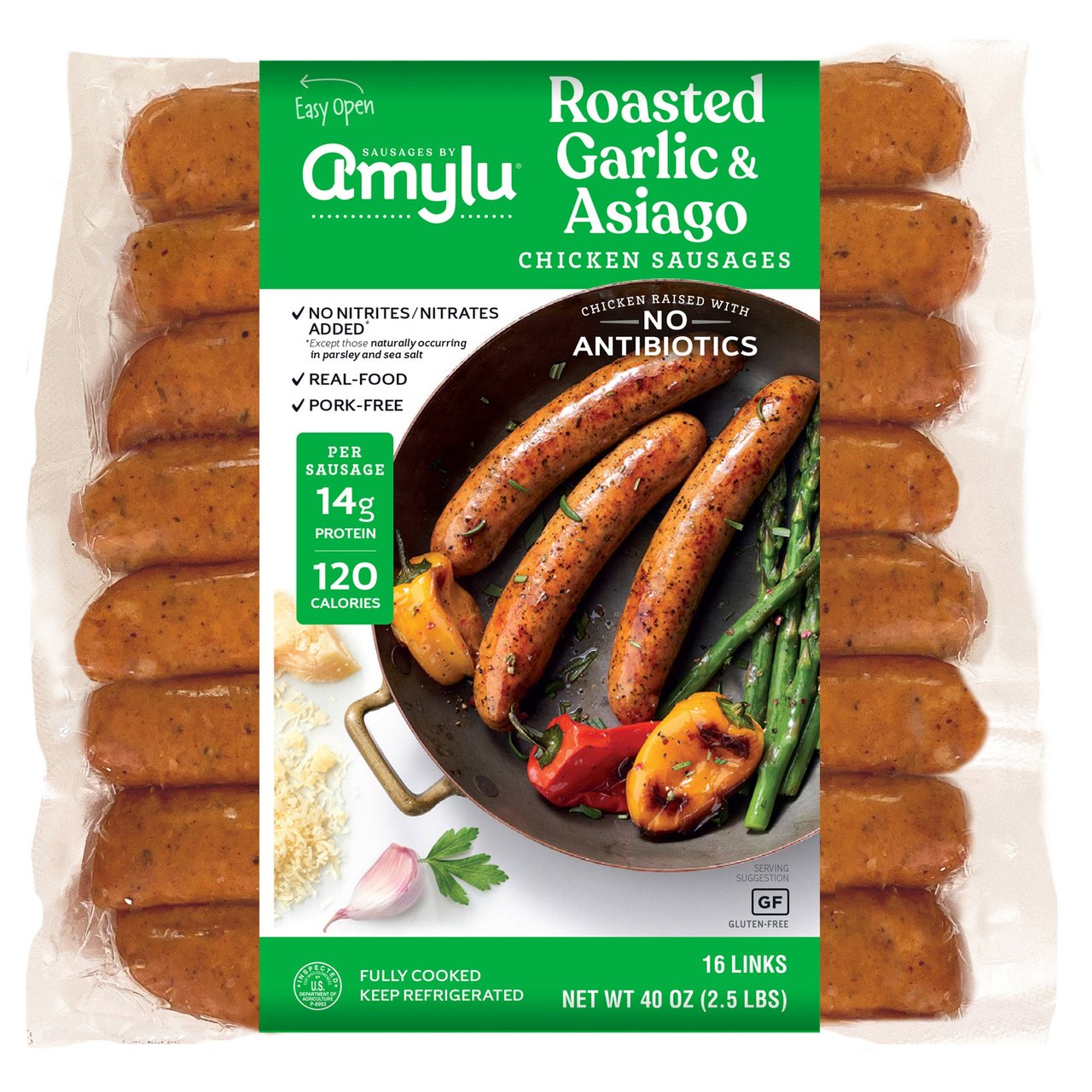 Amylu Antibiotic-Free Chicken Garlic & Asiago Sausage 2/20 oz (2.5 lbs) - Image 1