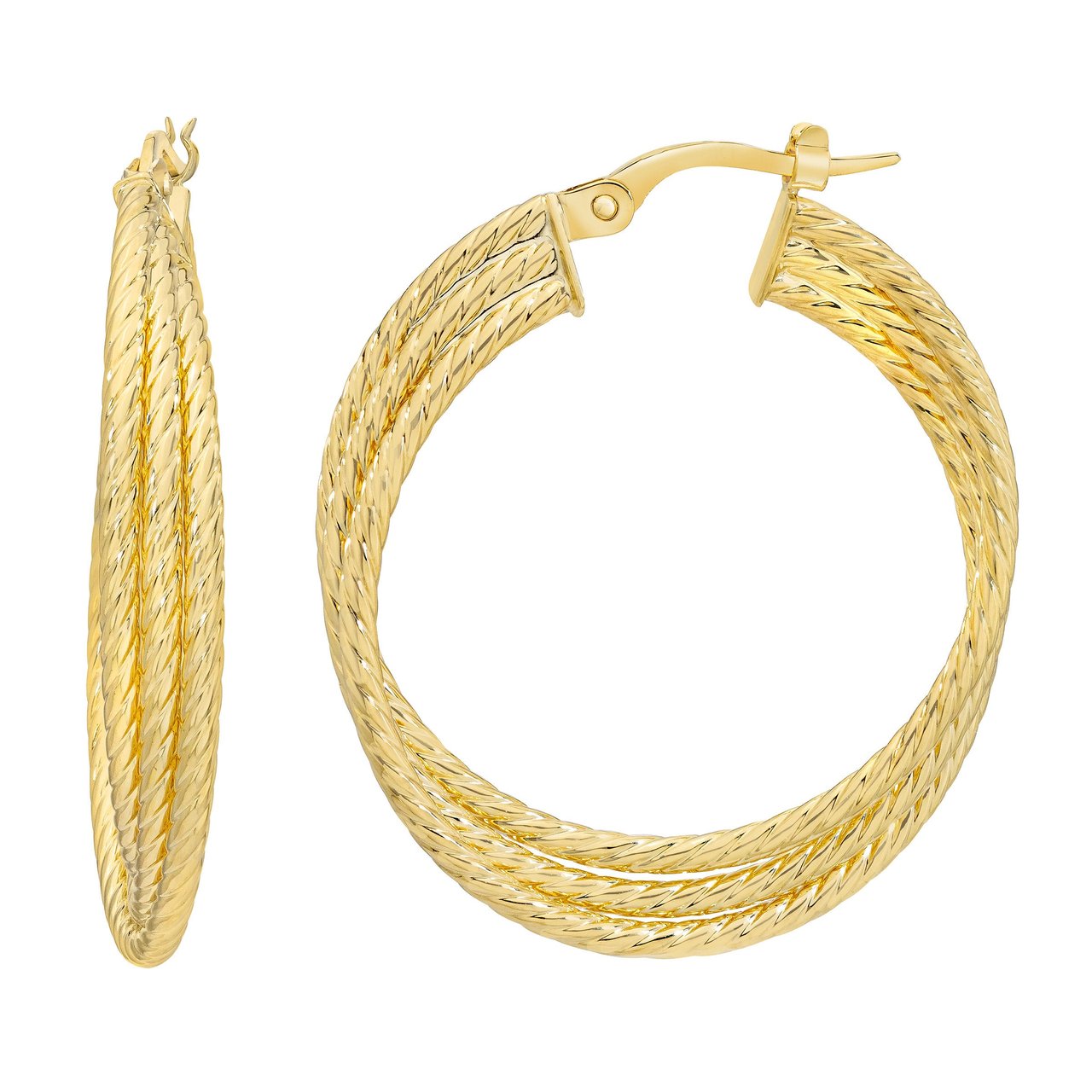18KT Yellow Gold Three-Row Textured Hoop Earrings, Made in Italy - Image 1