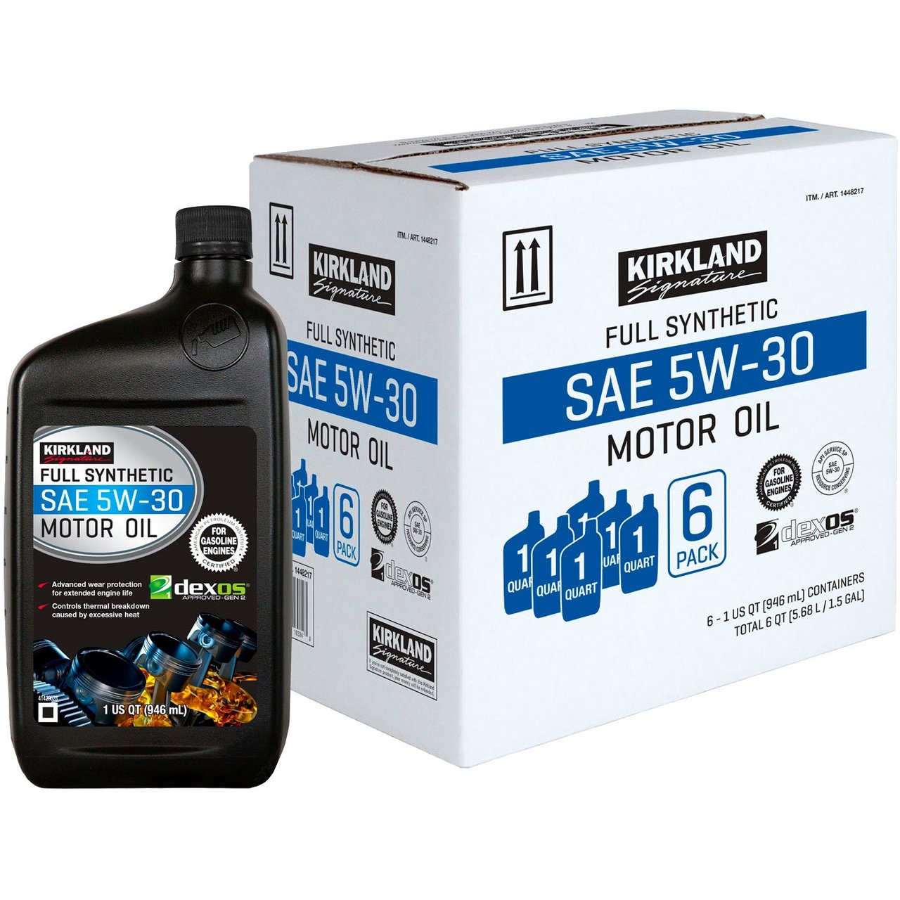 Kirkland Signature Full Synthetic 5W-30 Motor Oil, 6 x 1 Qt Bottles - Image 1