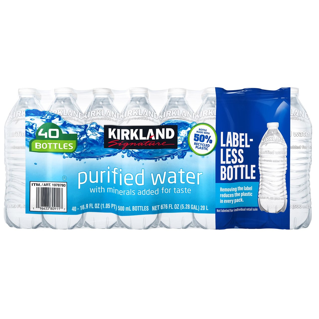 Kirkland Signature Label-Less Purified Water, 40-Pack, 16.9 fl oz - Image 1