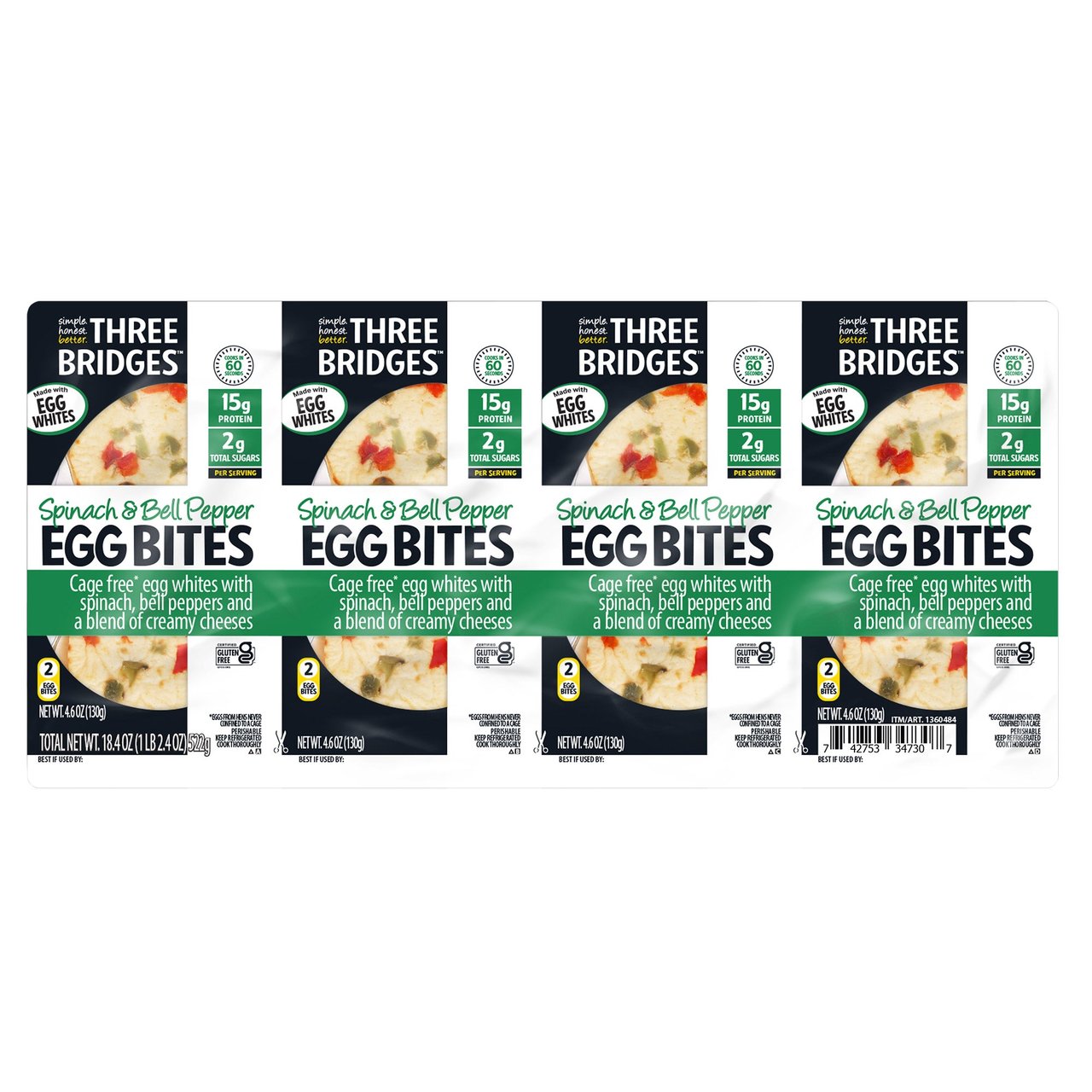 Three Bridges Egg White Bites, Spinach & Bell Pepper, 4 Pack, 4.6 oz Each - Image 1