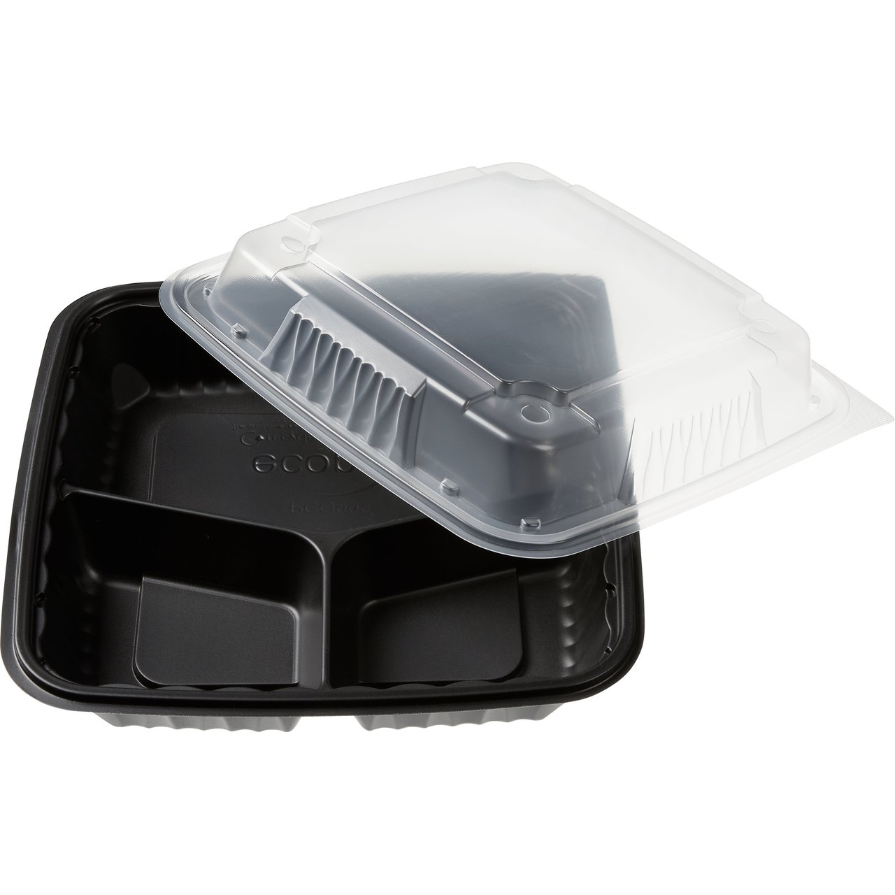 Vital International Solutions 9" 3-Compartment Vented Clear Top/Black Base Container, 150 CT
