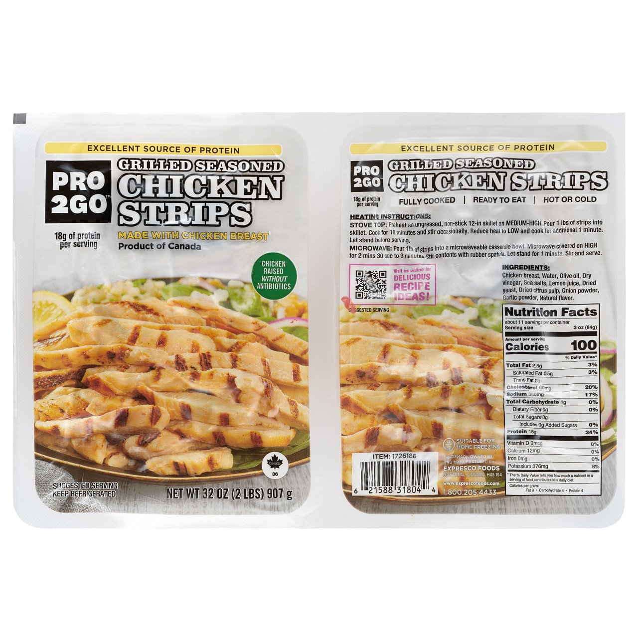Pro2Go Antibiotic-Free Grilled Chicken Strips, 2 x 16 oz Packages - Image 1