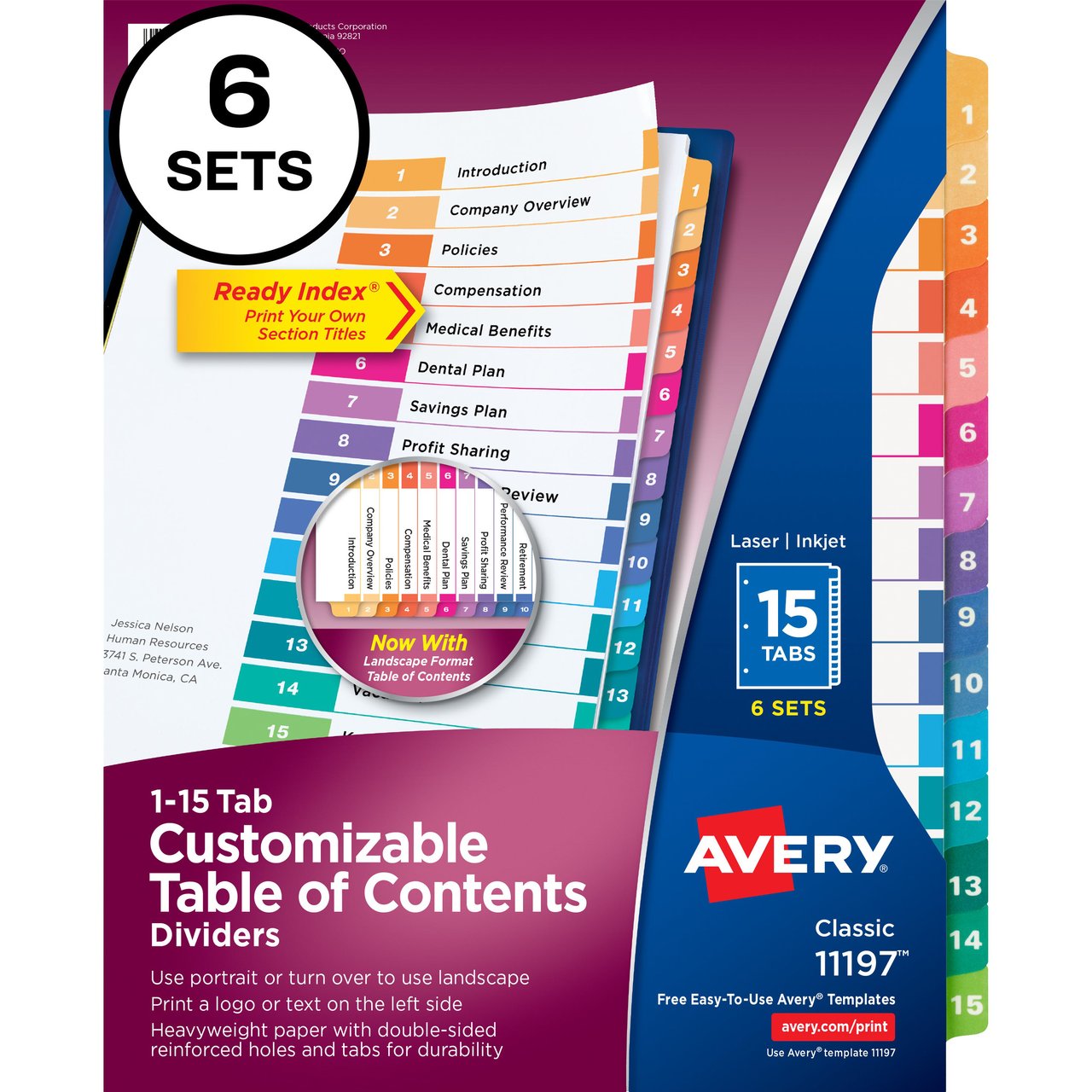 Avery Ready Index 15-Tab Binder Dividers, 6 Sets (AVE11197) - Image 1