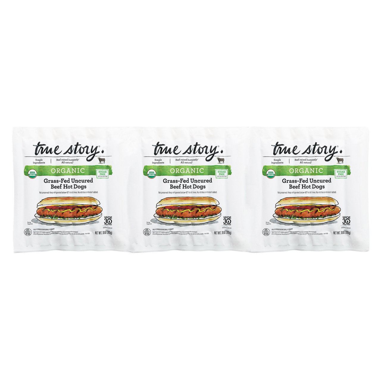 True Story Organic Grass-Fed Uncured Beef Hot Dogs, 3 × 10 oz - Image 1