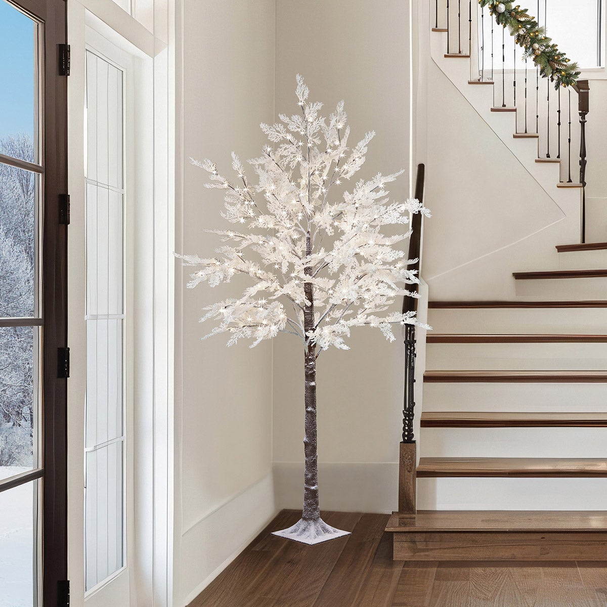 7' FLOCKED CEDAR TREE WITH LED TWINKLE LIGHTS - Image 1