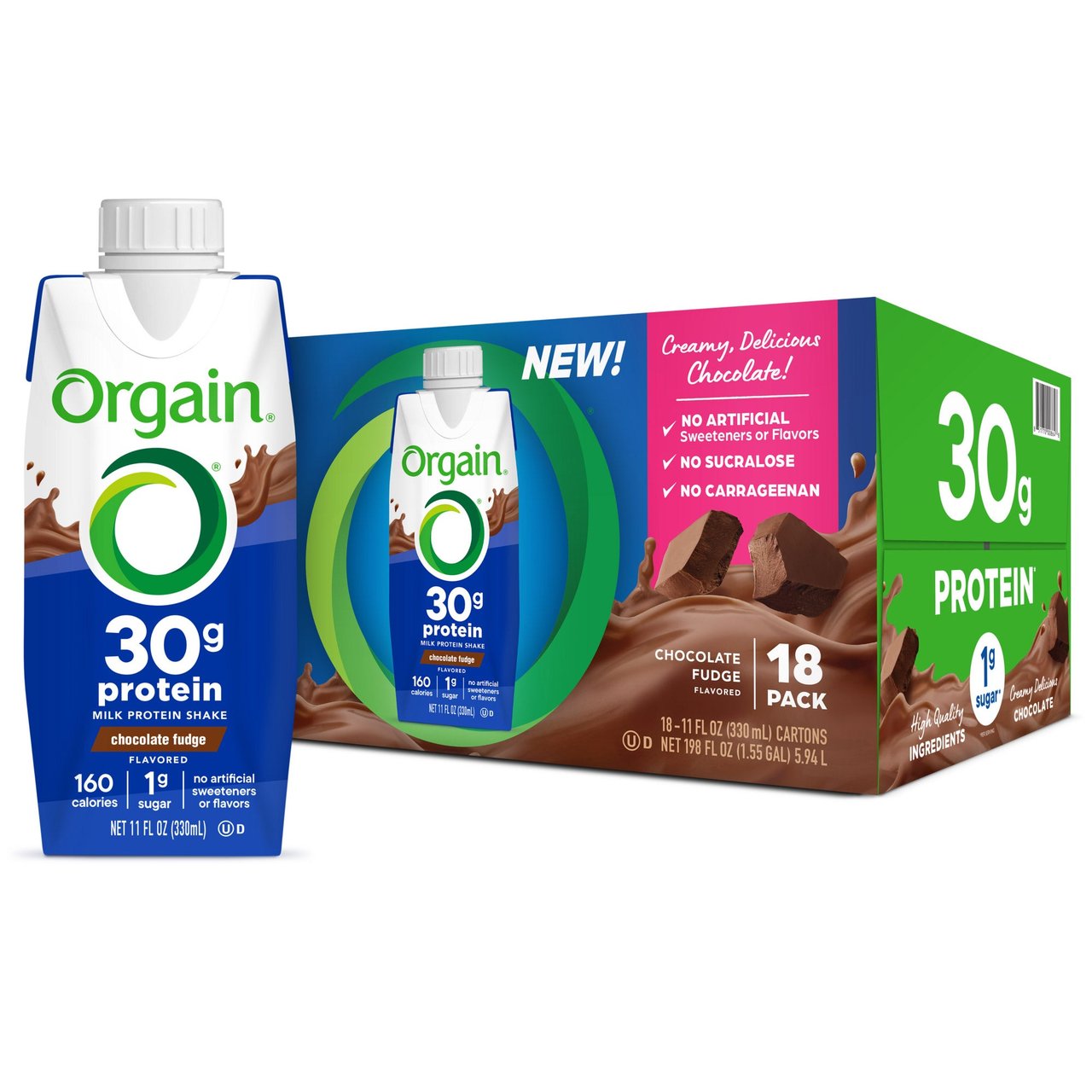 Orgain 30g Protein Shake, Chocolate Fudge, 11 fl oz, 18-Pack - Image 1