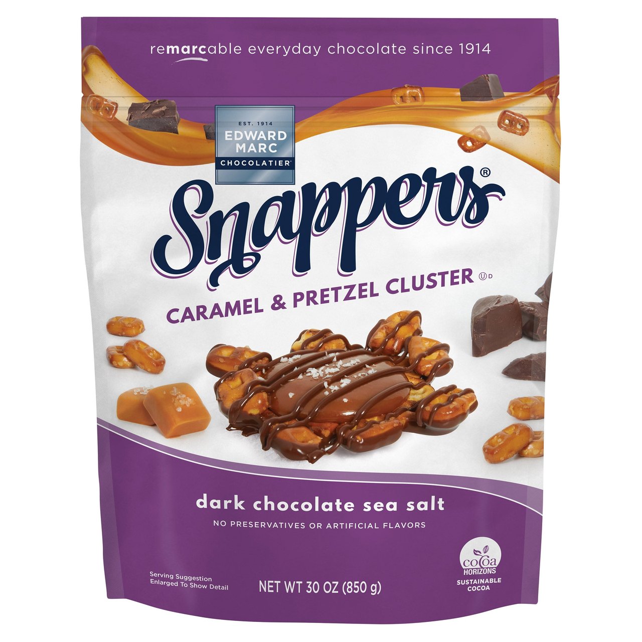 Edward Marc Snappers Caramel & Pretzel Cluster Dark Chocolate Sea Salt, 30 oz - Image 1