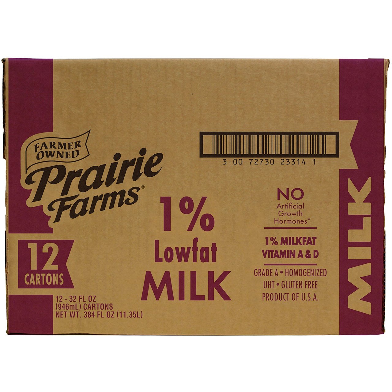 Prairie Farms 1% Lowfat White Milk, 12 x 32 oz - Image 1