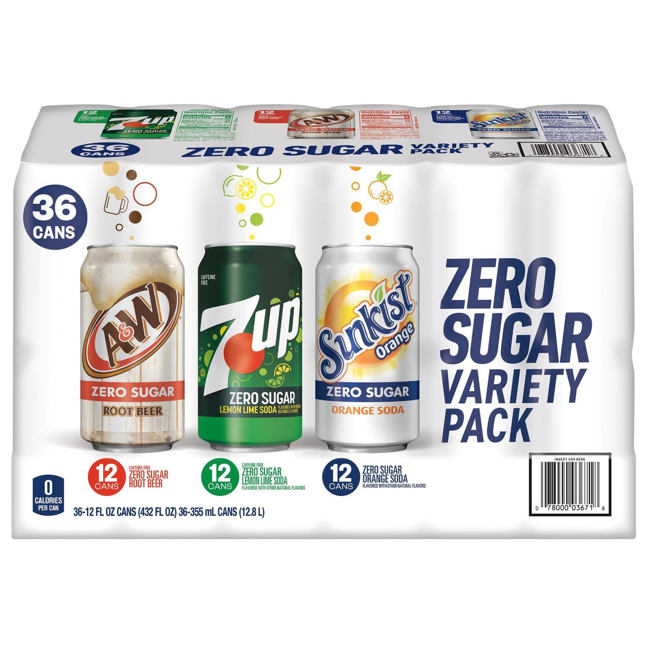 7UP, A&W & Sunkist Zero Sugar Variety 36 CT / 12 oz - Image 1