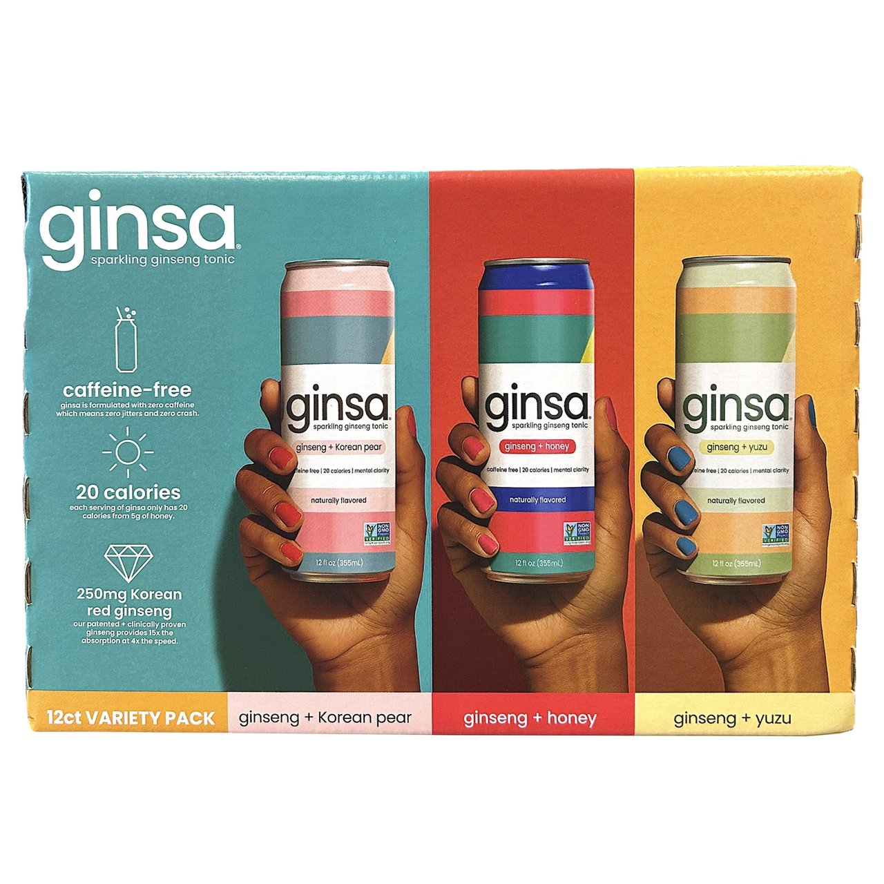 Ginsa Sparkling Ginseng Tonic Variety Pack, 12 Pack, 12 oz - Image 1