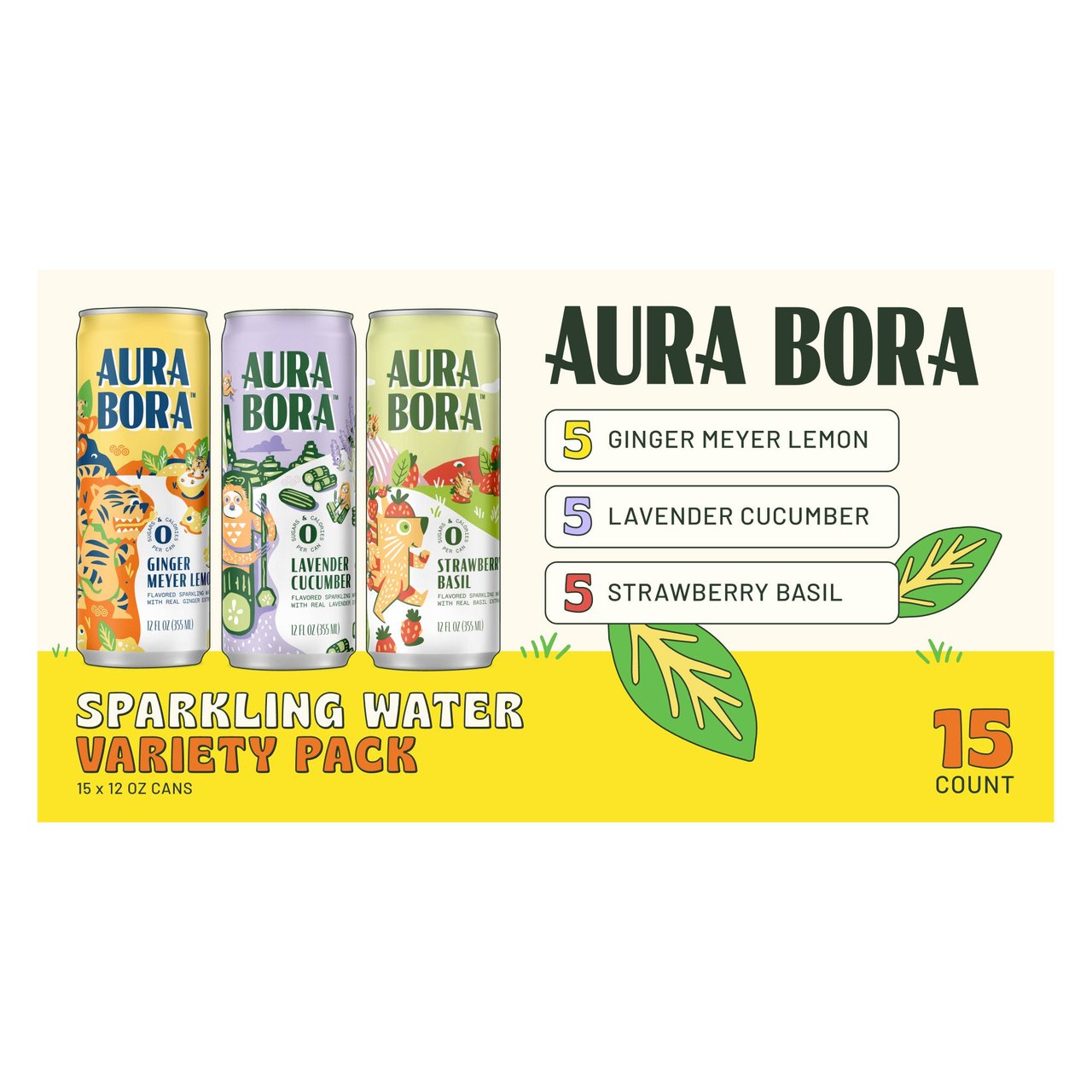 Aura Bora Herbal Sparkling Water Variety Pack, 15 Cans x 12 oz - Image 1