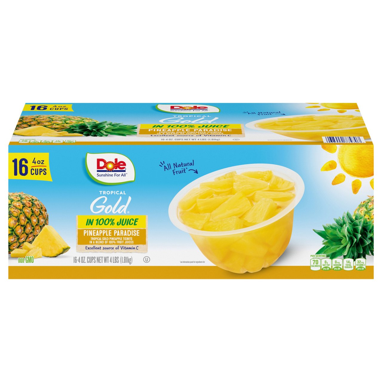 Dole Tropical Gold Premium Pineapple Tidbits, 16-Count, 4 oz Cups - Image 1