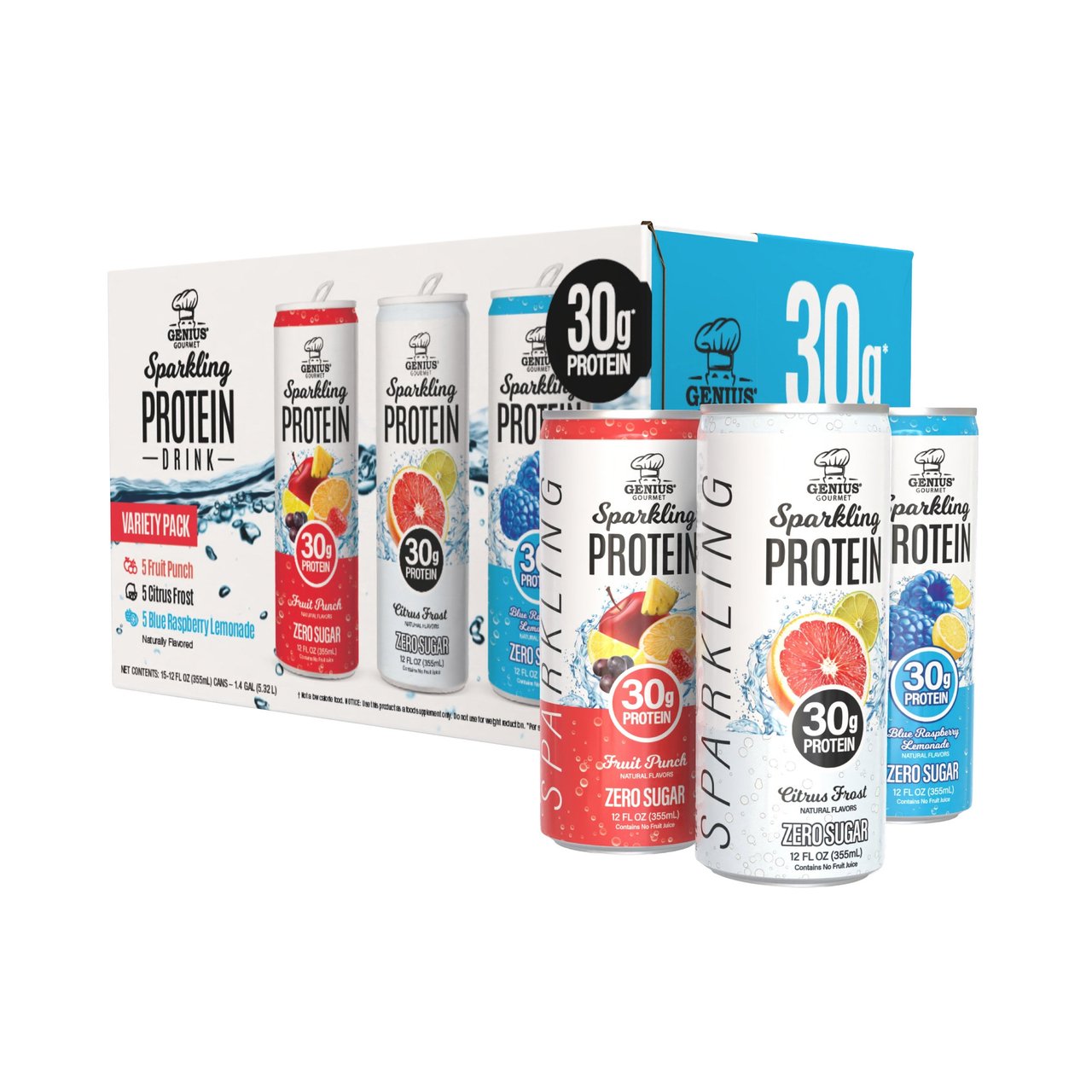 Genius Gourmet Clear Protein Drink, 12 fl oz, 15-Pack Variety - Image 1