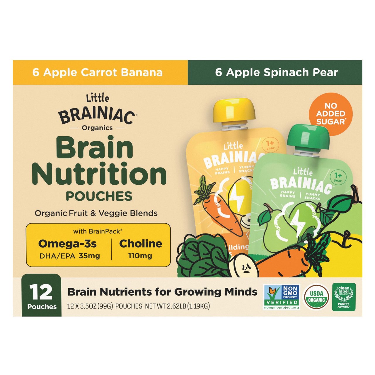 Little Brainiac Organic Fruit & Veggie Variety Pouches, 3.5 oz, 12-Count - Image 1