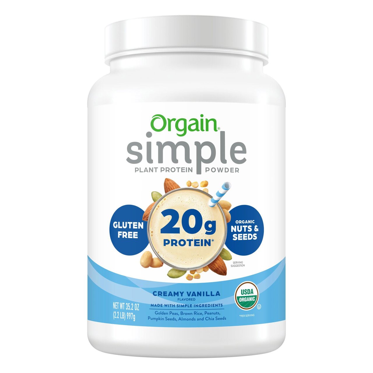 Orgain Organic Simple Plant Protein Powder, Creamy Vanilla, 2.04 lbs - Image 1