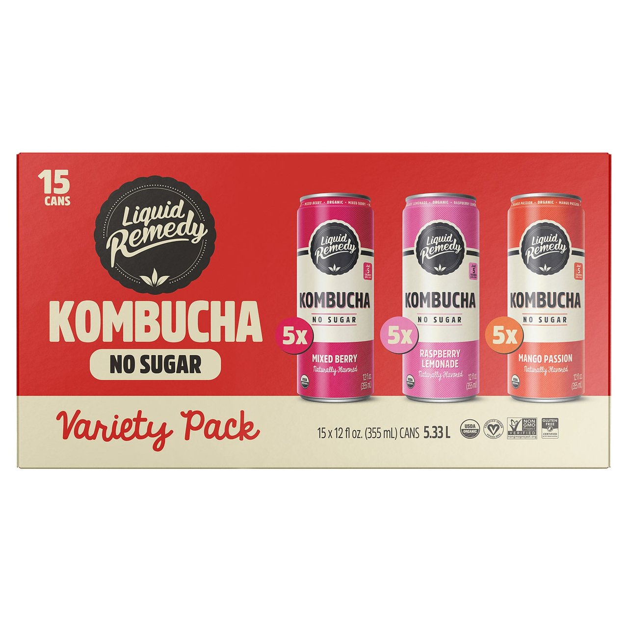 Liquid Remedy Organic Kombucha Variety Pack, 15 x 12 oz - Image 1