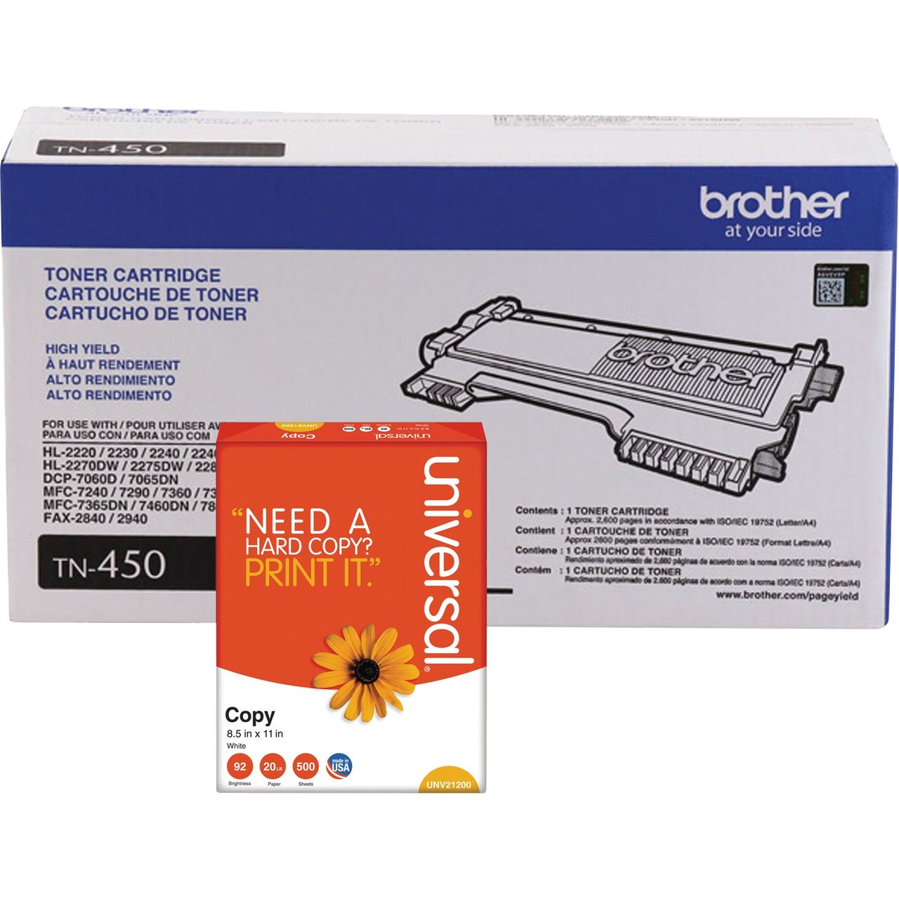 Brother TN450 High-Yield Black Toner Cartridge, 2-Pack with Bonus Ream of Paper - Image 1