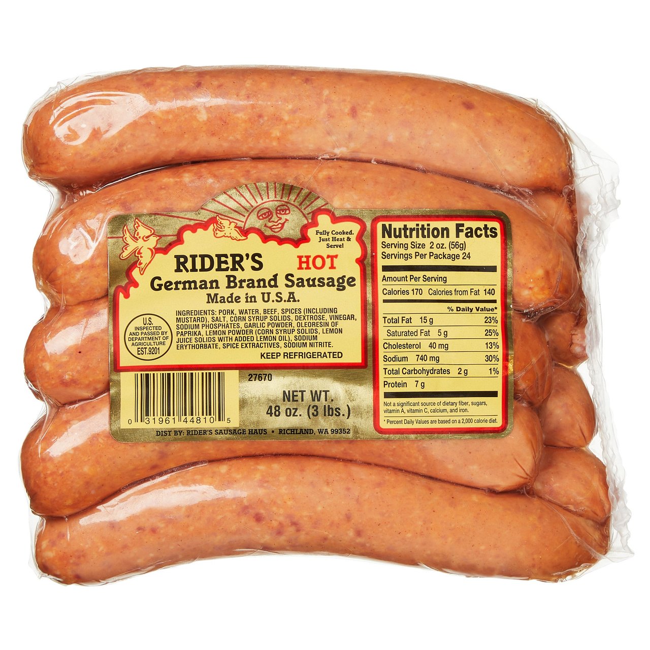 Rider's Sausage Haus Hot German Sausage, 3 lbs