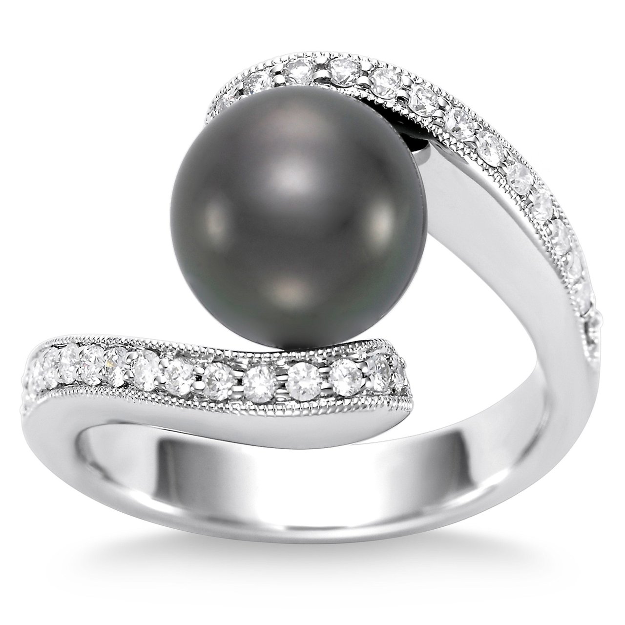 14kt White Gold 9-10mm Tahitian Cultured Pearl & 0.34 CTW Diamond Milgrain Ring