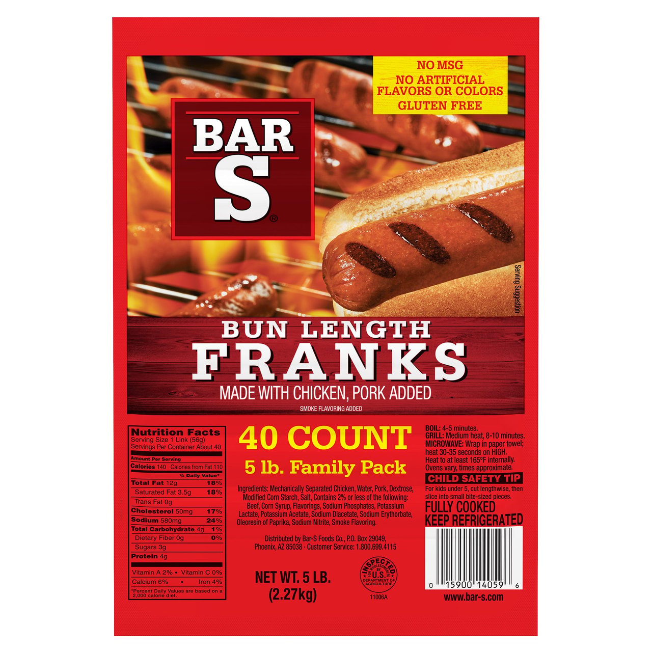 Bar-S 6" Bun Length Meat Franks 8:1, 5 lbs