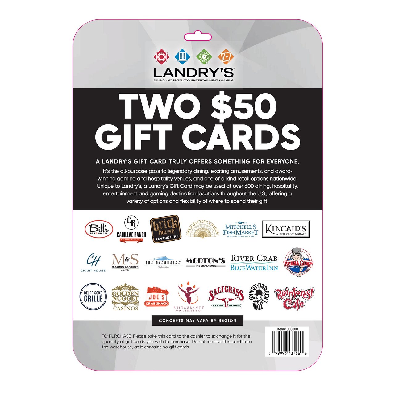 Landry's Restaurants 2/$50 Gift Cards - Item is Non-Refundable