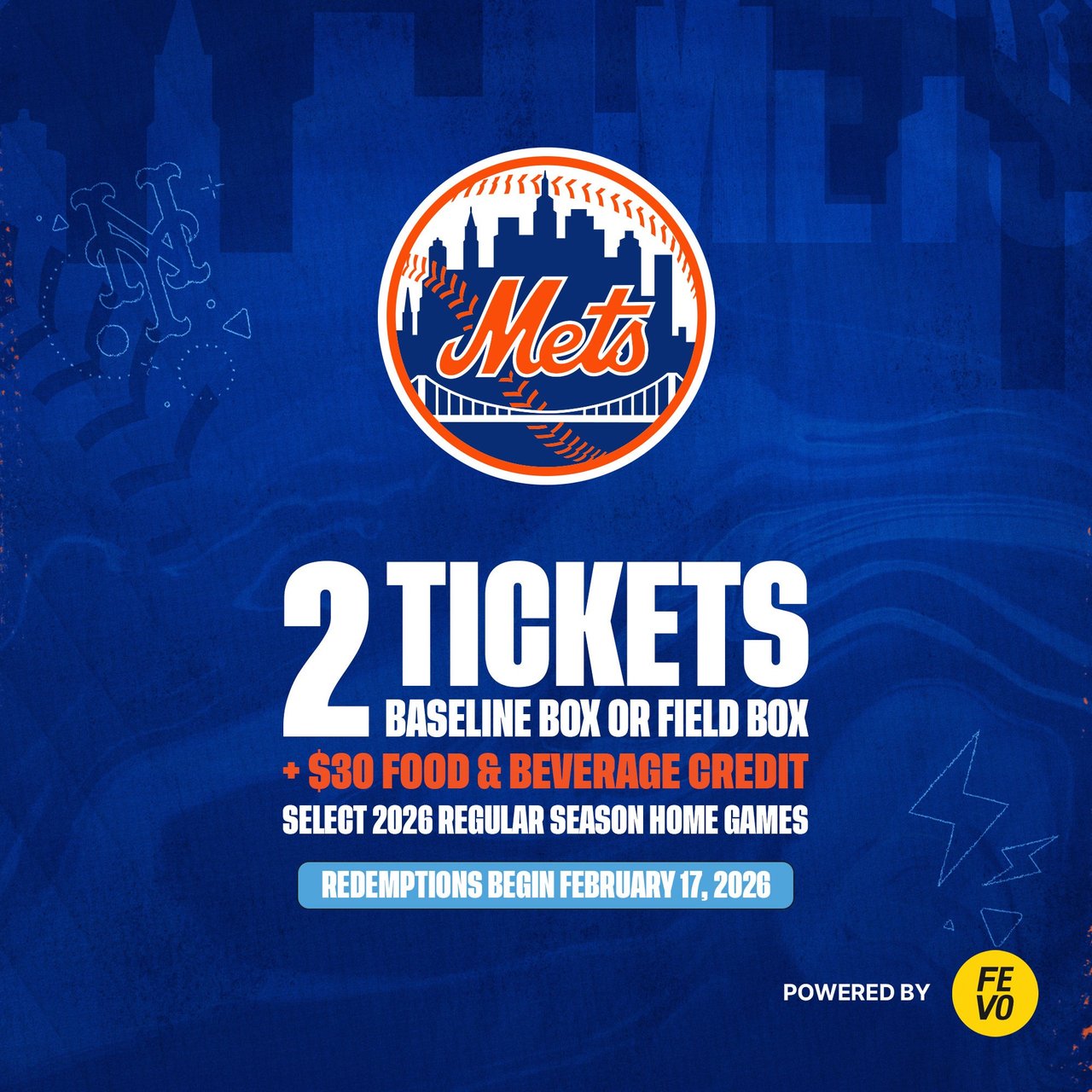 New York Mets - Two Baseline or Field Box Tickets + $30 Food & Beverage Credit (eVoucher)