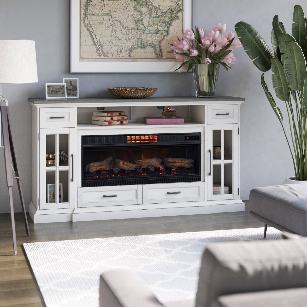Tresanti Sloane 75" TV Console with ClassicFlame Electric Fireplace, White - Image 1