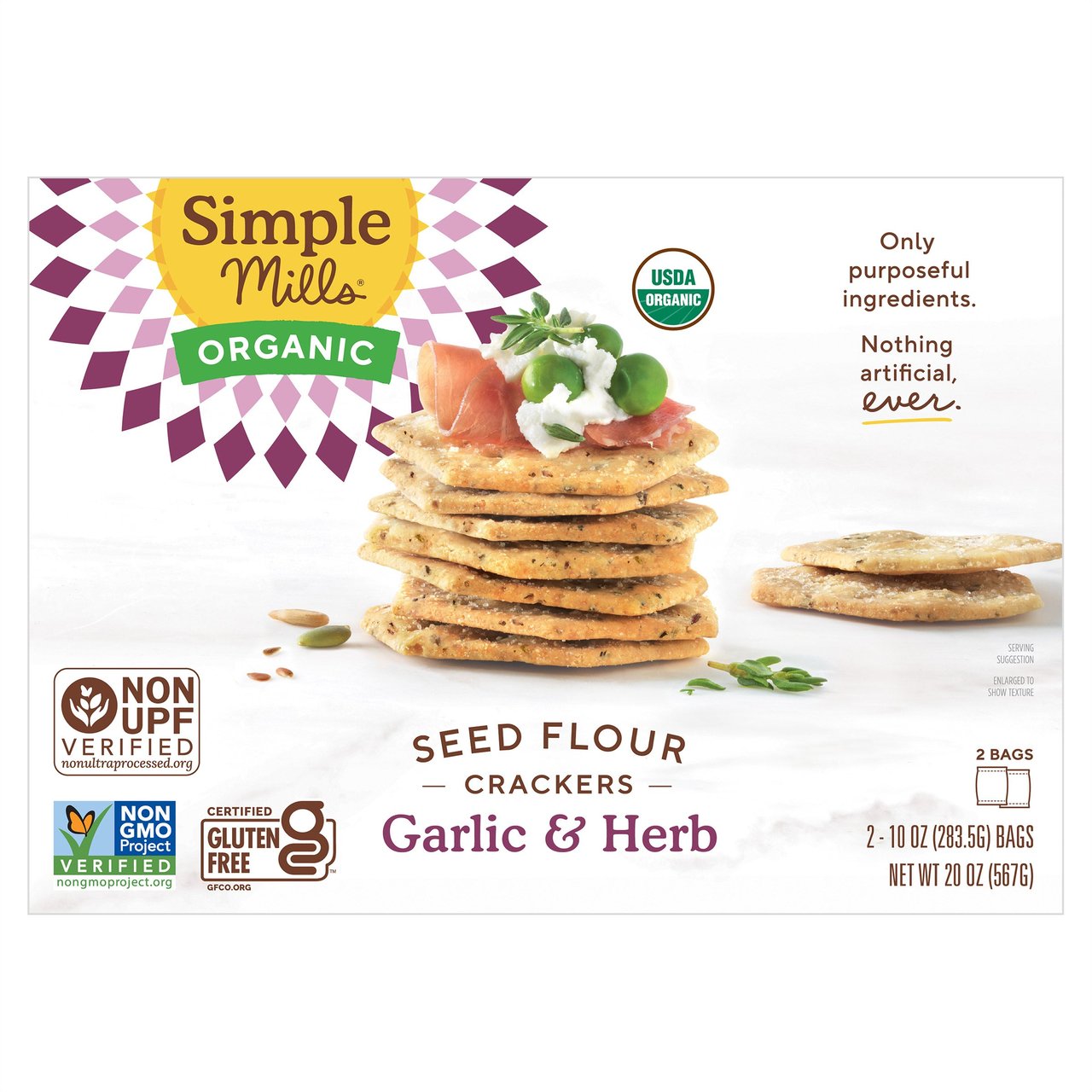 Simple Mills Organic Garlic & Herb Crackers 2 - 10 Ounce Bags - Image 1