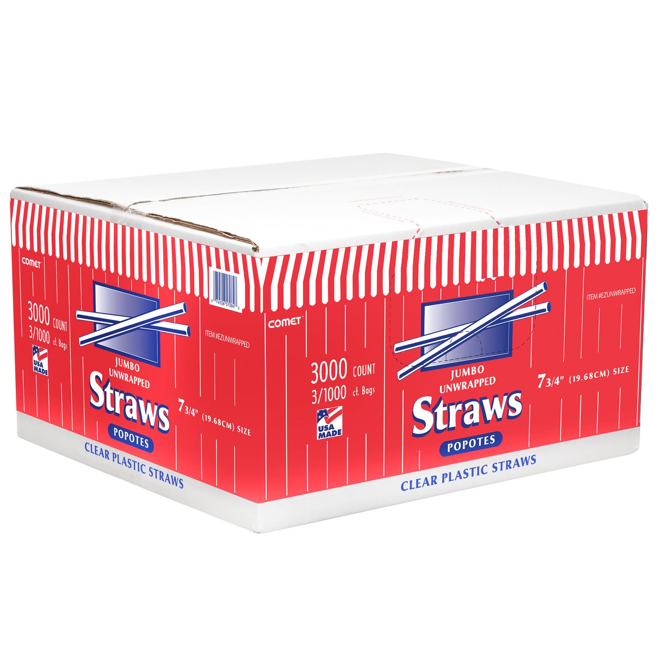 Comet 7 3/4" Jumbo Straws, Unwrapped, Clear, 3000 CT - Image 1