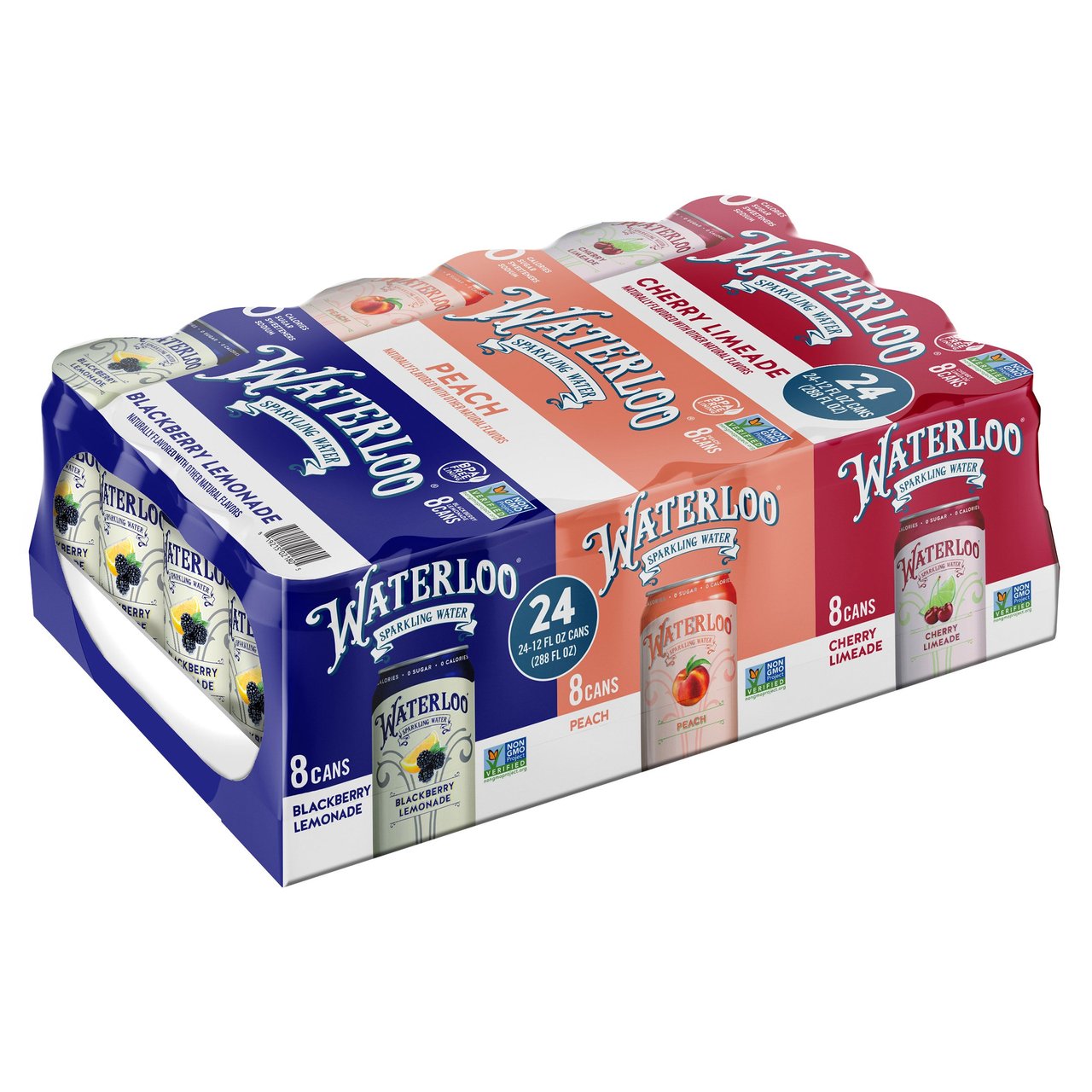 Waterloo Sparkling Water Variety Pack: Blackberry Lemonade, Cherry Limeade, Peach, 24-Count, 12 fl oz - Image 1