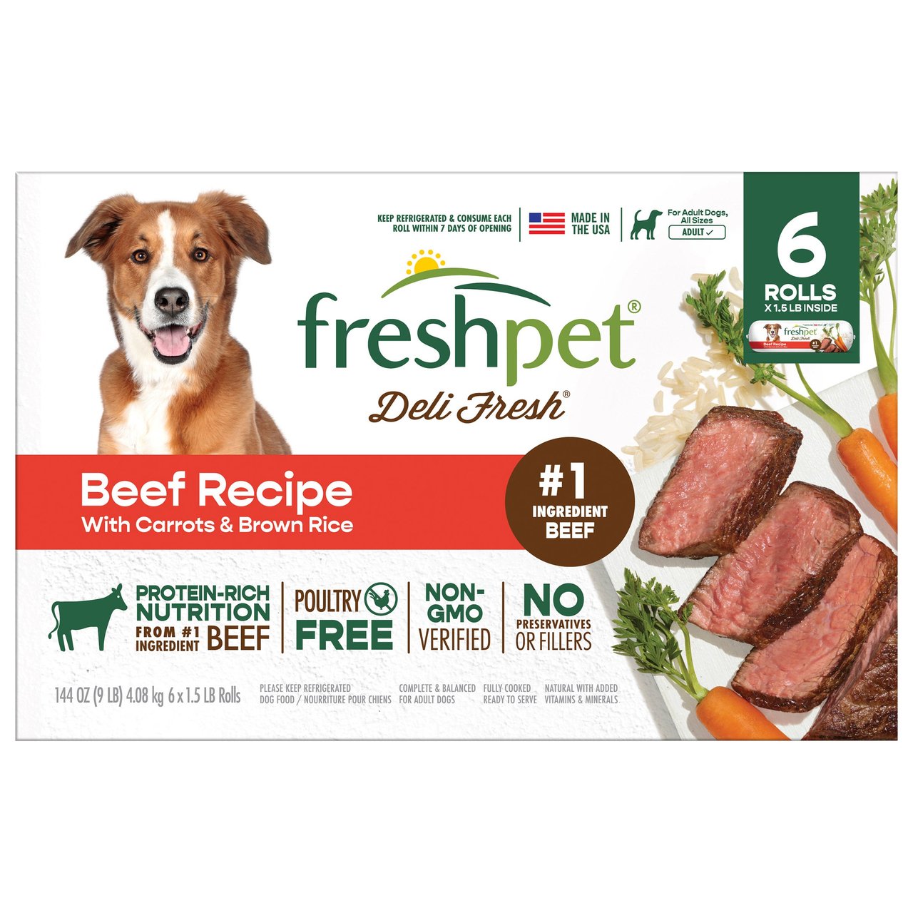 Freshpet Deli Fresh Beef Recipe with Carrots & Brown Rice, 6-Pack/1.5 lb Rolls - Image 1
