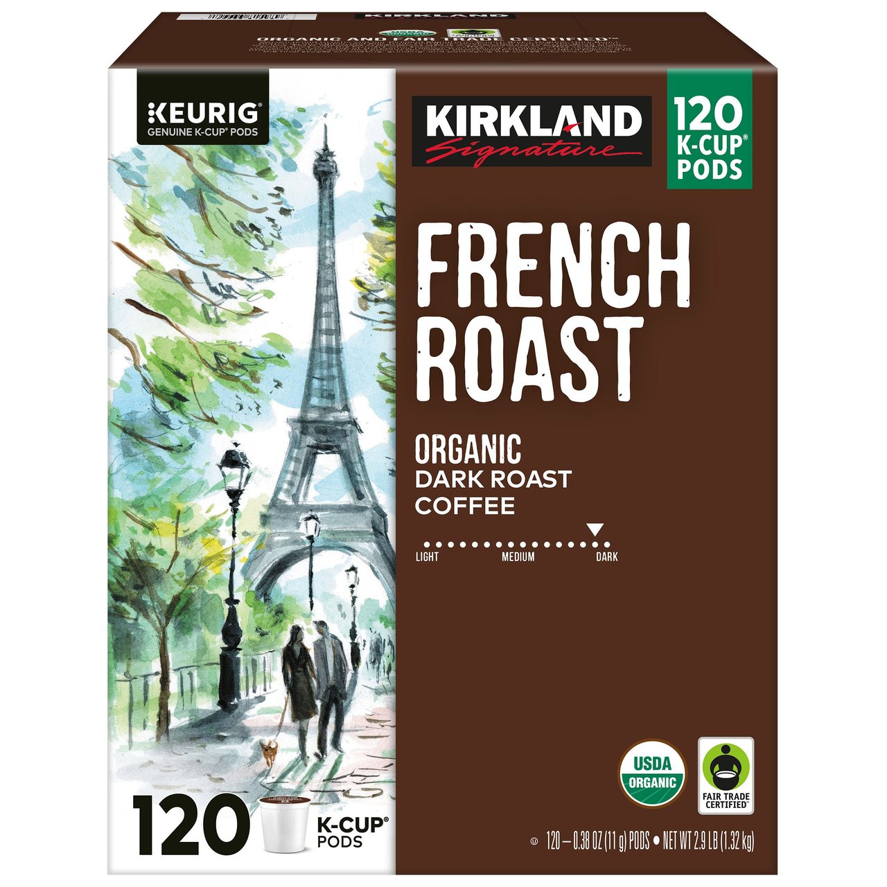Kirkland Signature Organic French Roast Coffee K-Cup Pods, 120 Count (45.6 oz) - Image 1
