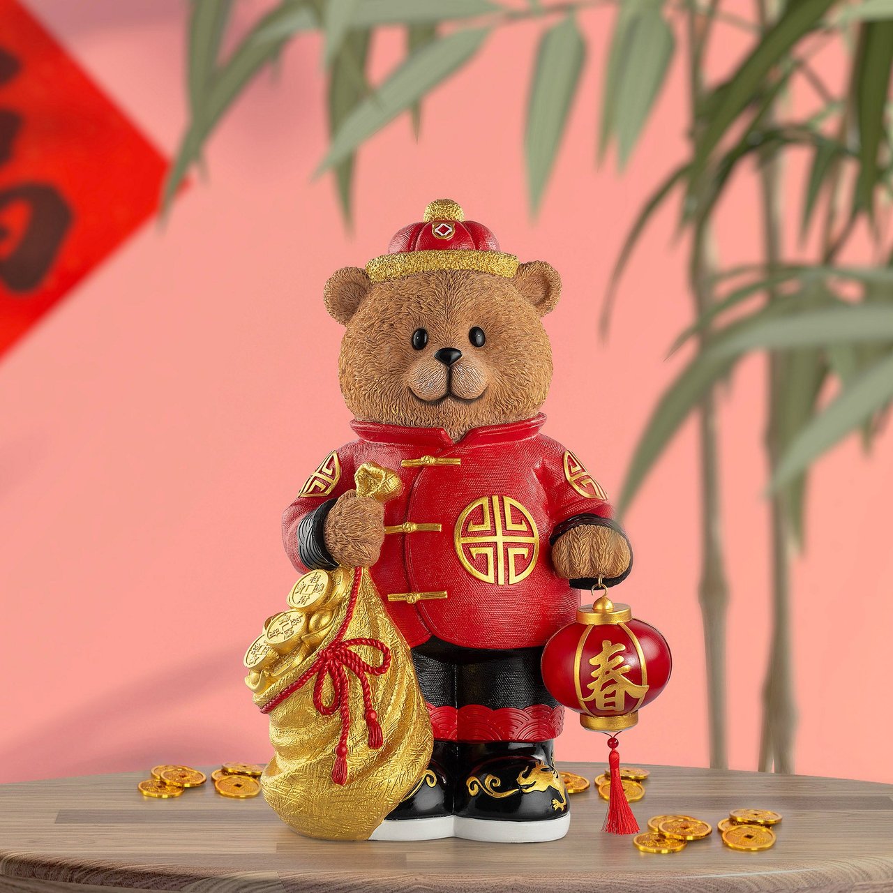 Lunar New Year Bear Greeter with Lantern & Money Bag - Image 1